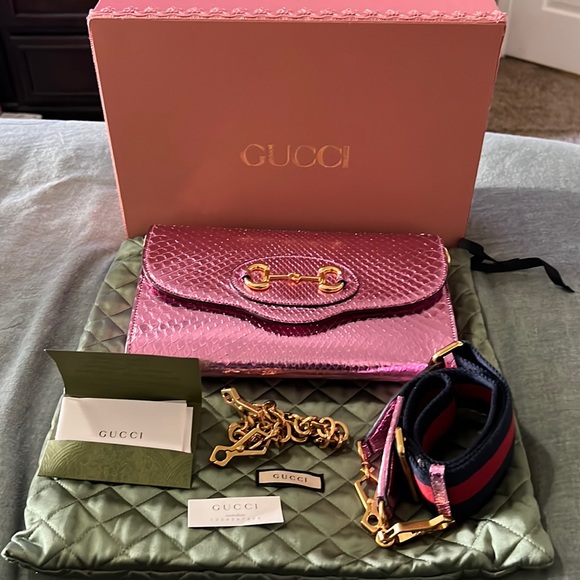 NWT Pink Shiny Gucci Horsebit ‘55 Anaconda Bag Comes with EVERYTHING - Picture 1 of 16